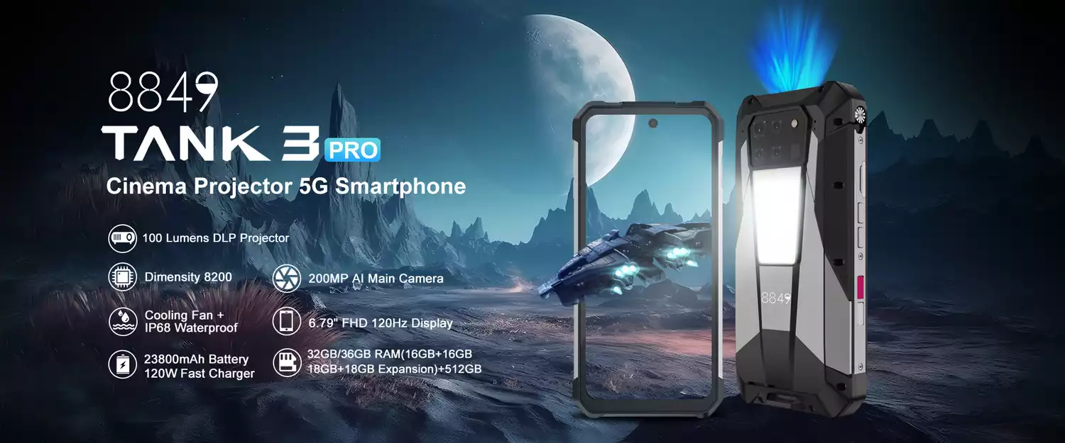 Unihertz 8849 Tank 3 Pro 23800mAh Largest Battery 5G Rugged Smartphone with Built-in Laser Projector - Banner- Alezay Kuwait